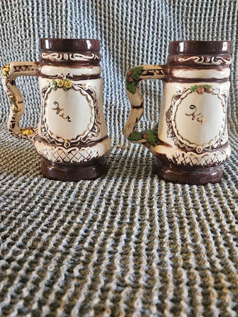 Ceramic Decorative Beer Stein Pair - Brown and Cream
